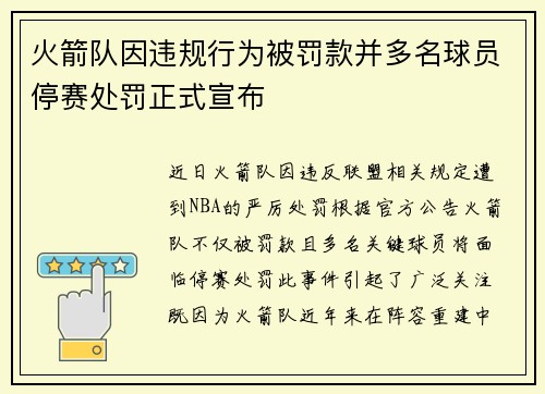 火箭队因违规行为被罚款并多名球员停赛处罚正式宣布