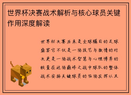 世界杯决赛战术解析与核心球员关键作用深度解读